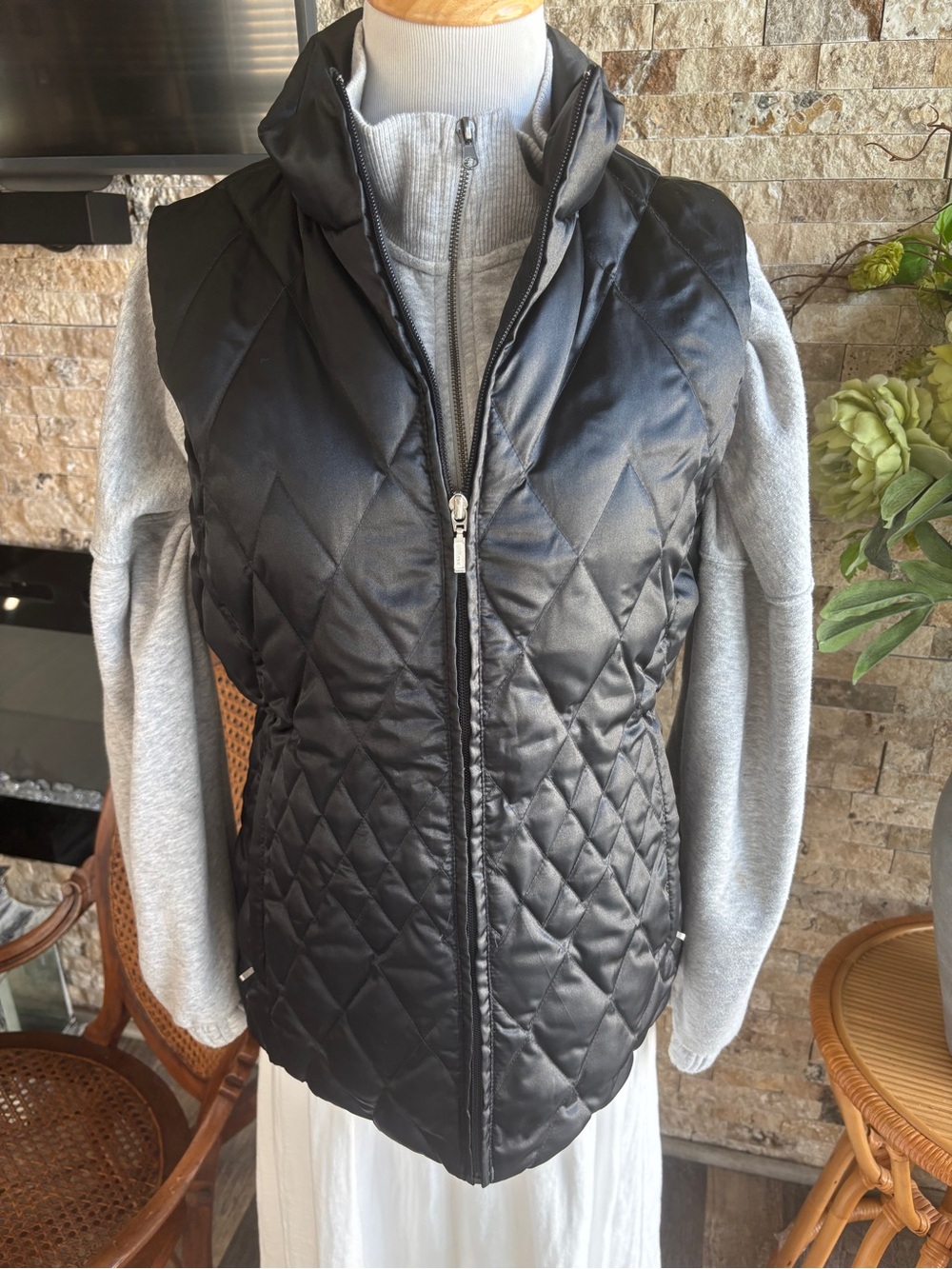 Lands' End Black Quilted Zip-Front Vest